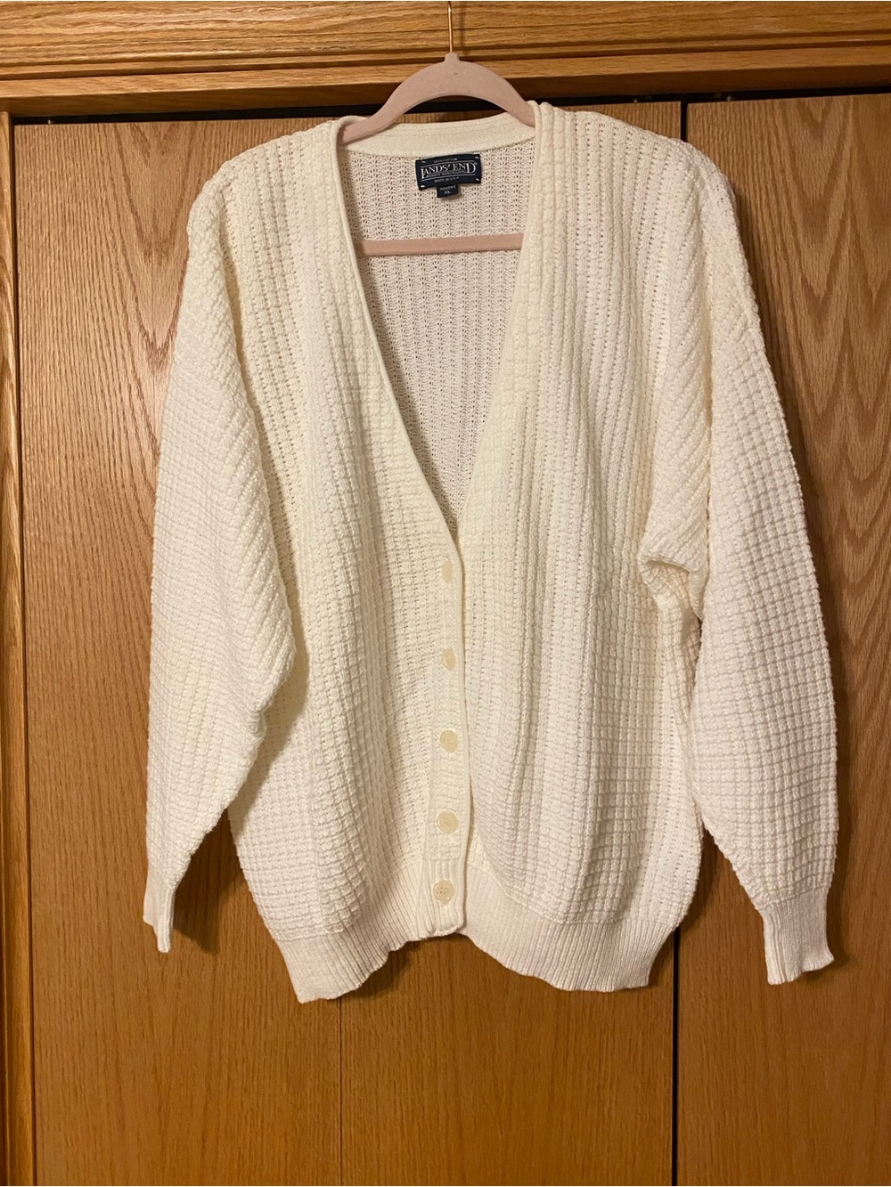 Vintage Lands’ End 100% Cotton White Shaker Cardigan Women’s Coastal Grandma XL